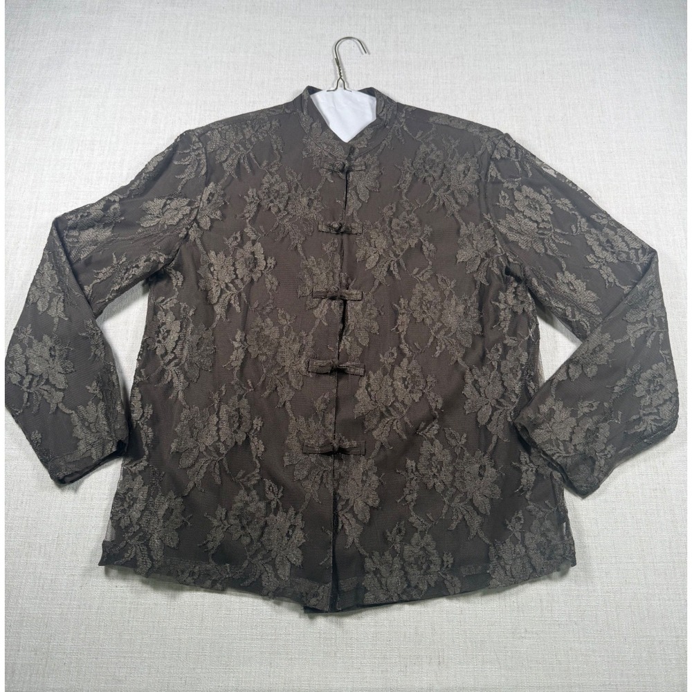 Vintage Together! Brown Floral Lace Blouse Mandarin Collar Frog Closure 90s Sz 8